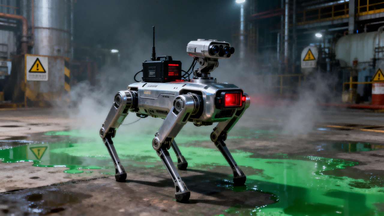 jimeng-2025-12-17-7674-写实摄影风格，化学品泄漏现场，四足机器人正在工作。机器人是银色金属外壳，四条机械