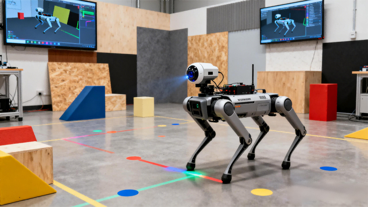 jimeng-2025-12-17-6164-写实摄影风格，四足机器人在实验室的SLAM建图实验区域进行环境感知。机器人的头部