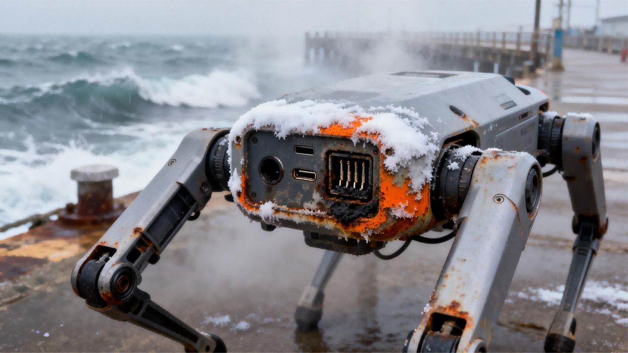 jimeng-2025-12-17-4843-写实摄影风格，四足机器人在海边高盐雾环境中，充电接口遭受严重的盐雾腐蚀。机器人的