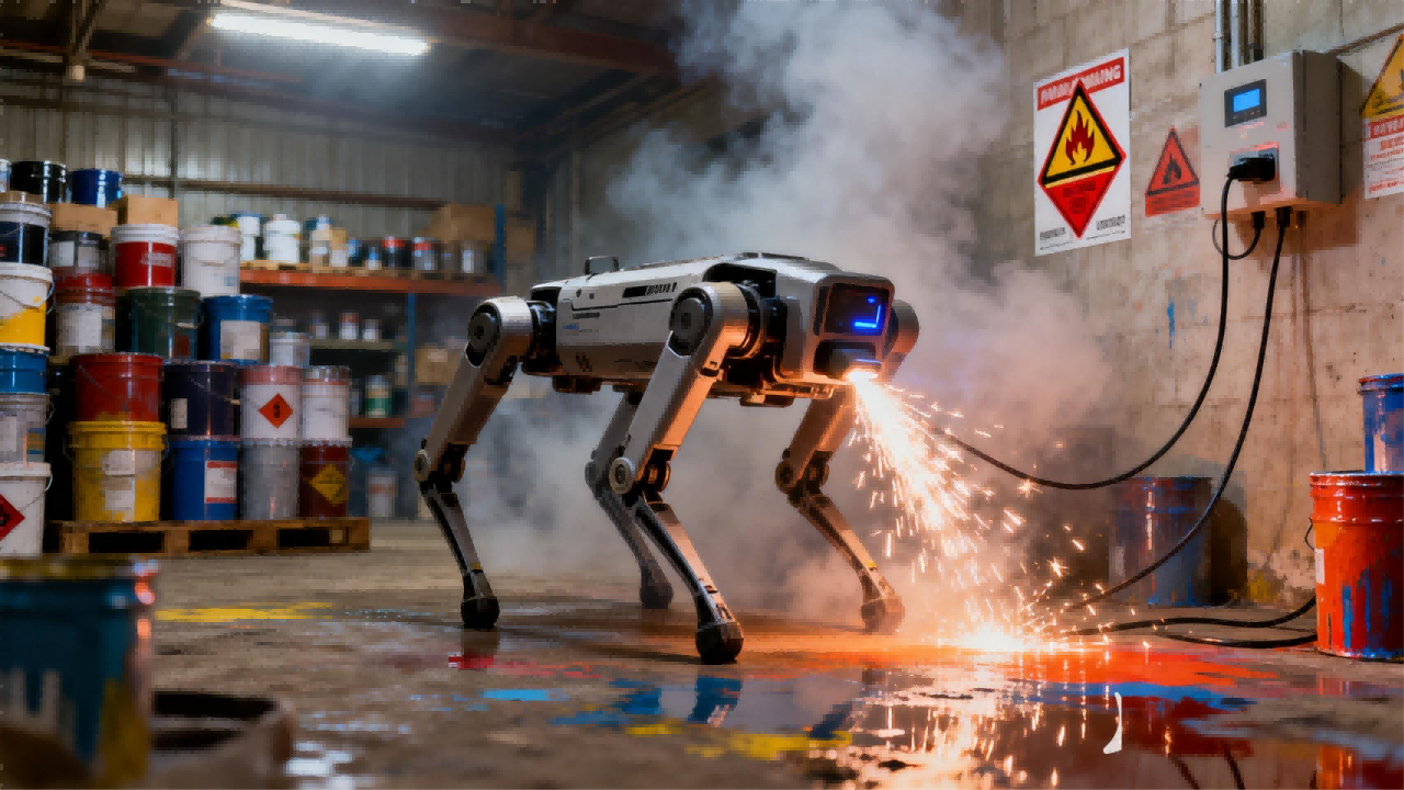 jimeng-2025-12-17-7416-写实摄影风格，油漆车间内，四足机器人正在进行充电操作。充电接口处产生的火花与空气