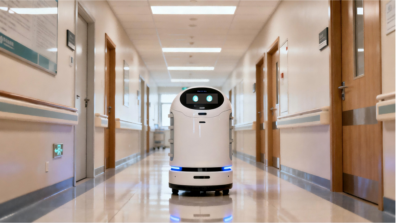 jimeng-2025-12-29-4584-现代科技感写实风格，医院走廊场景，一个白色圆润的配送机器人正在走廊中行驶，机器人